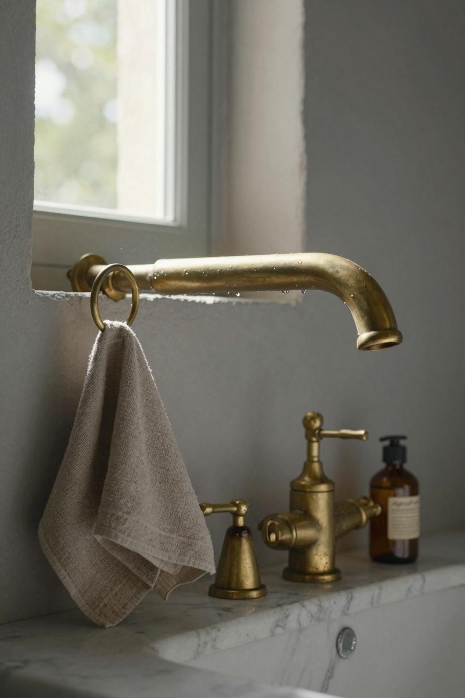Farmhouse Bathroom with unlacquered brass faucet and textured plaster