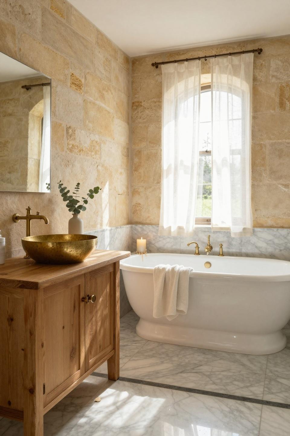 Farmhouse Bathroom with arched window and marble flooring