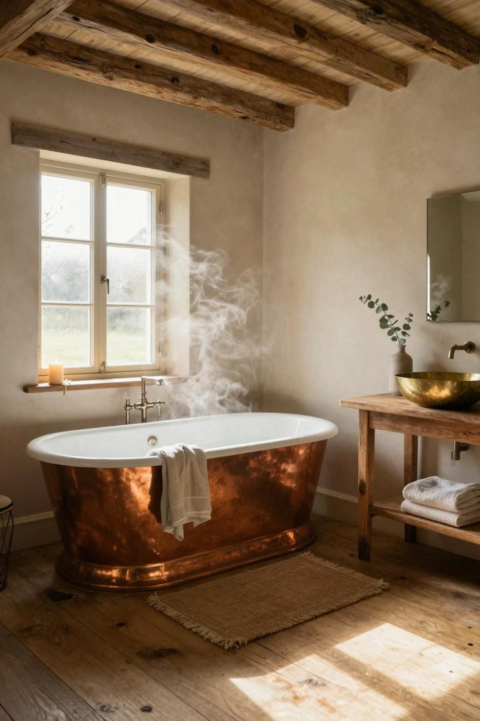 Farmhouse Bathroom with copper tub and exposed ceiling beams