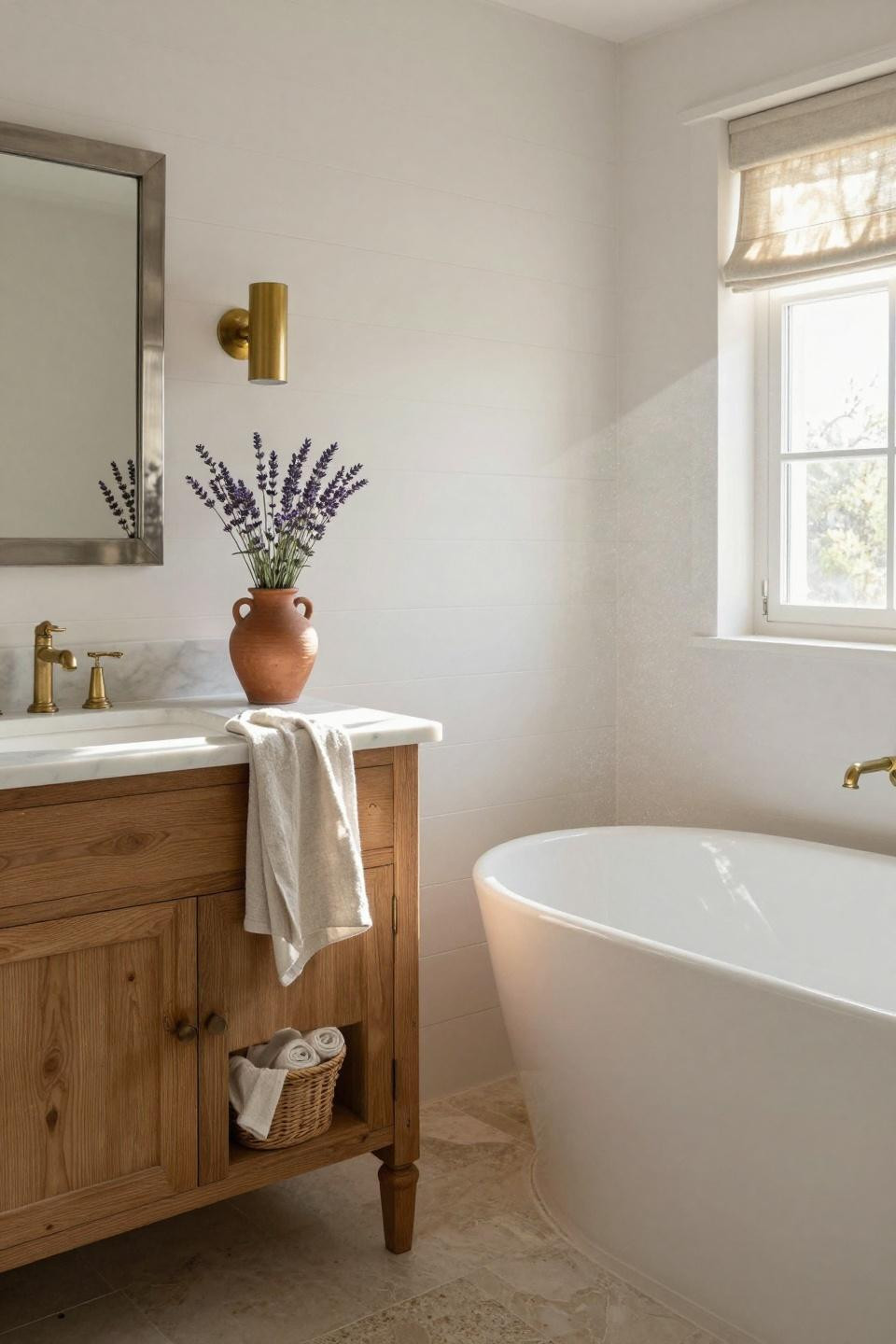 Farmhouse Bathroom with oval tub and Carrara marble counter