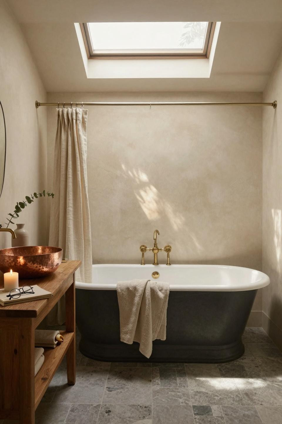 Farmhouse Bathroom with cast-iron tub and hammered copper sink