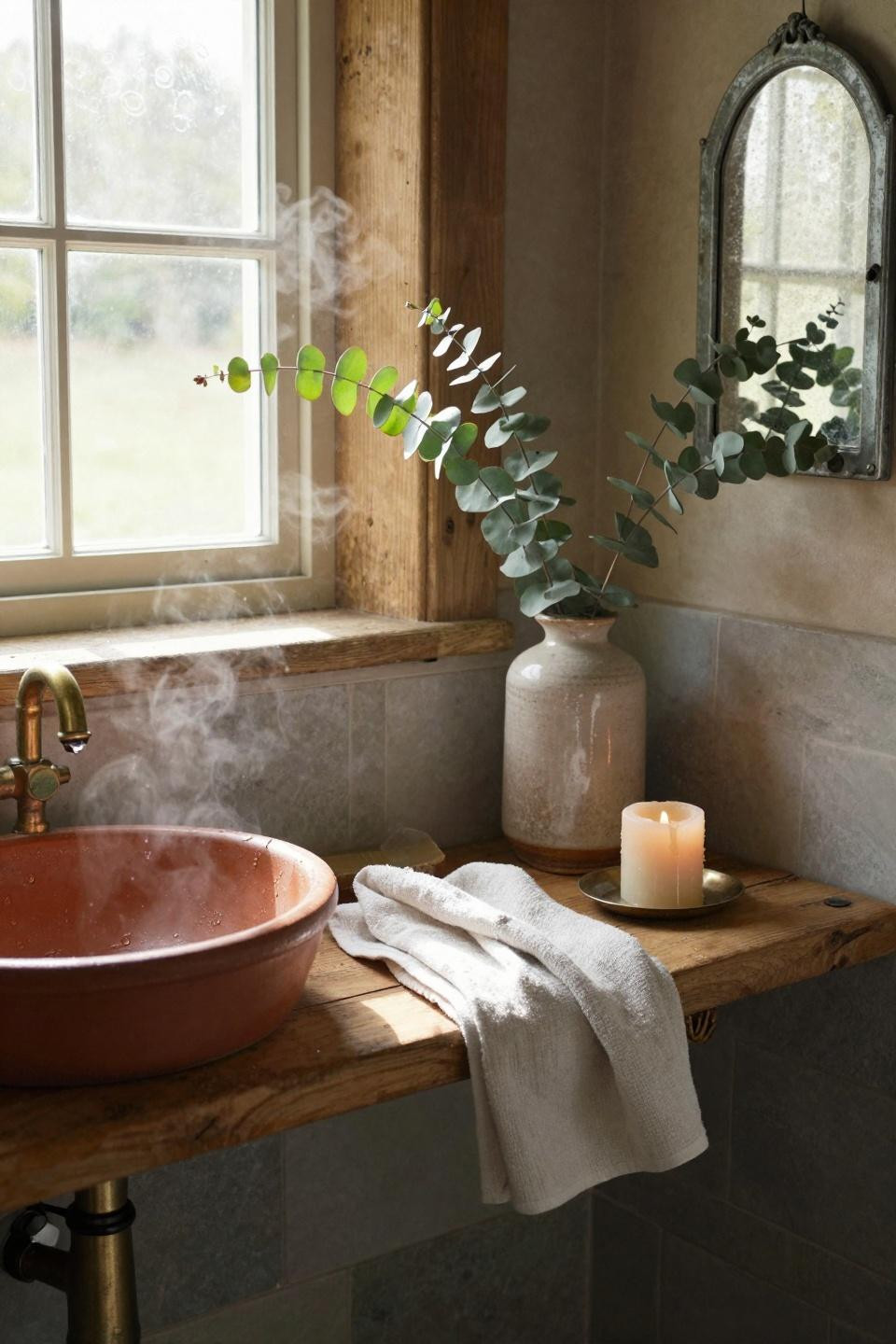 Farmhouse Bathroom with terracotta sink and eucalyptus stems