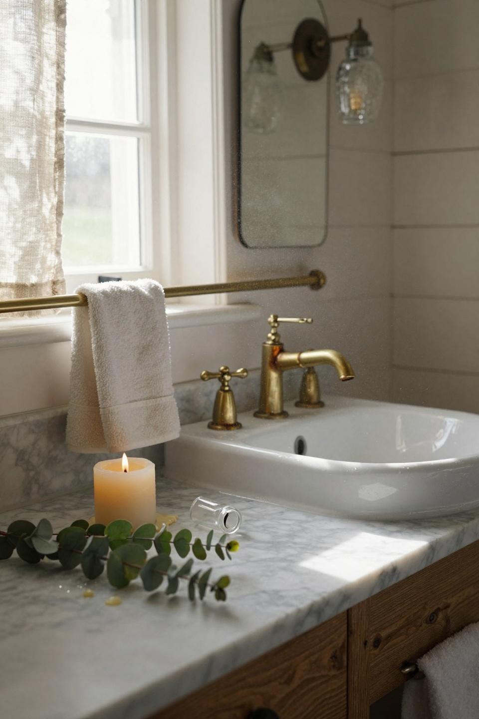 Farmhouse Bathroom corner with brass faucet and shiplap walls