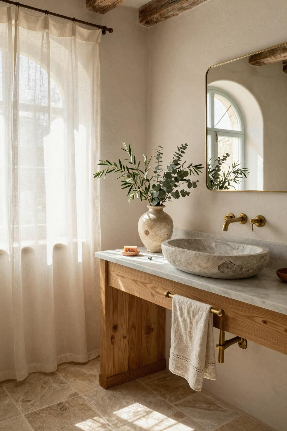 Farmhouse Bathroom with limestone vessel sink and white oak vanity