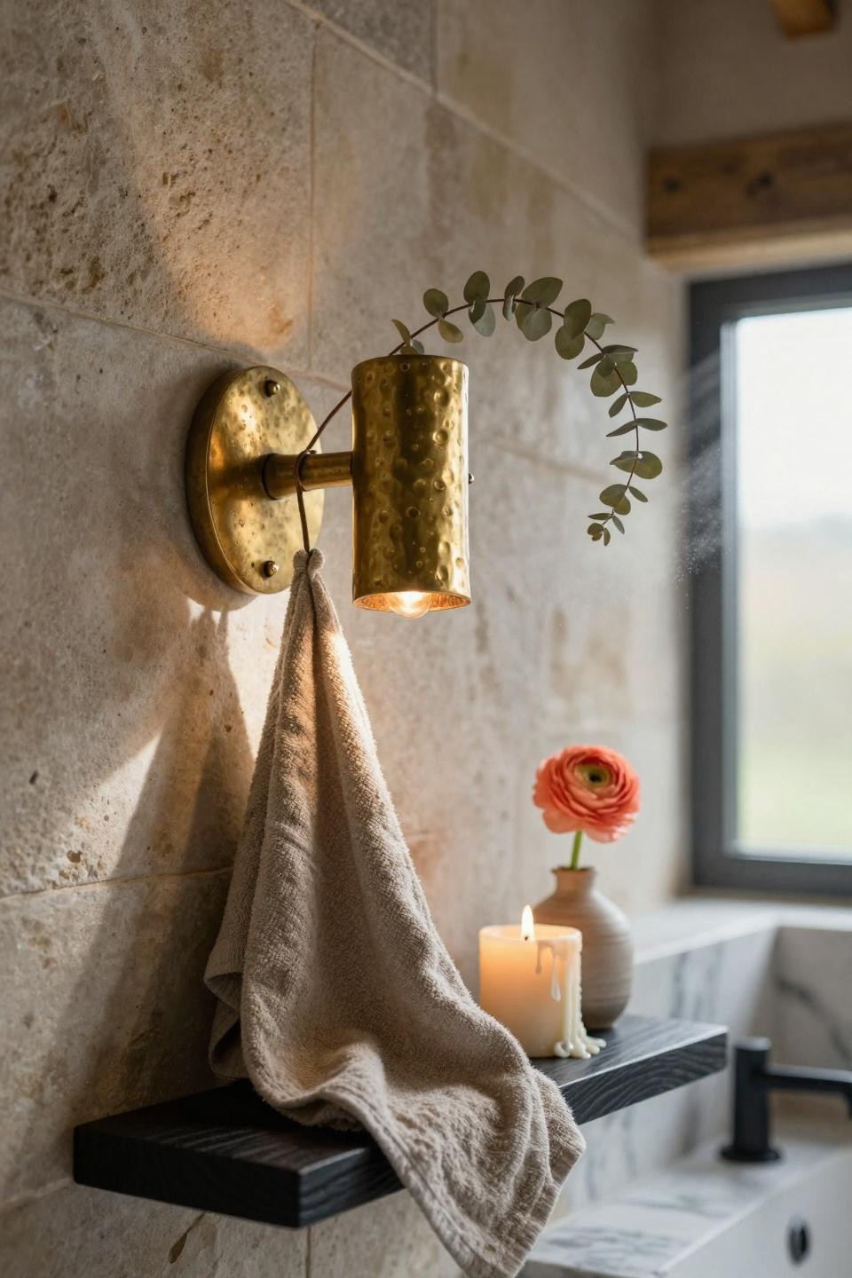 Farmhouse Bathroom wall detail with brass sconce and eucalyptus