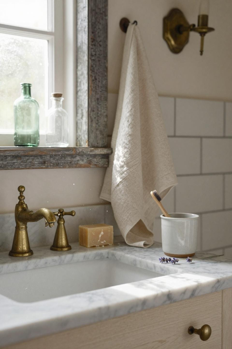 Farmhouse Bathroom vanity corner with brass faucet detail