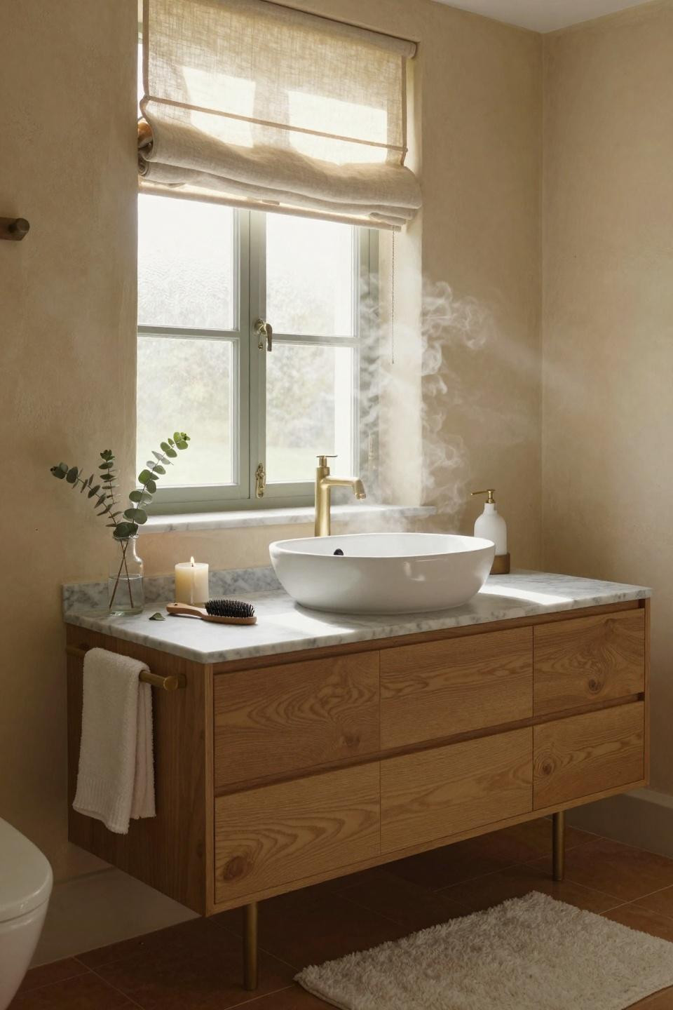 Farmhouse Bathroom with oak vanity and ceramic vessel sink