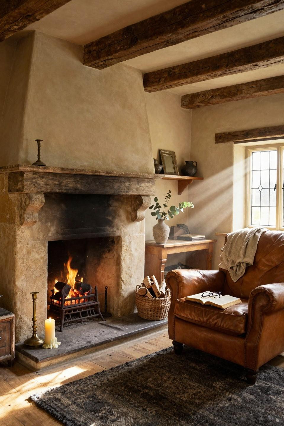 farmhouse fireplace decor with leather armchair and wool rug