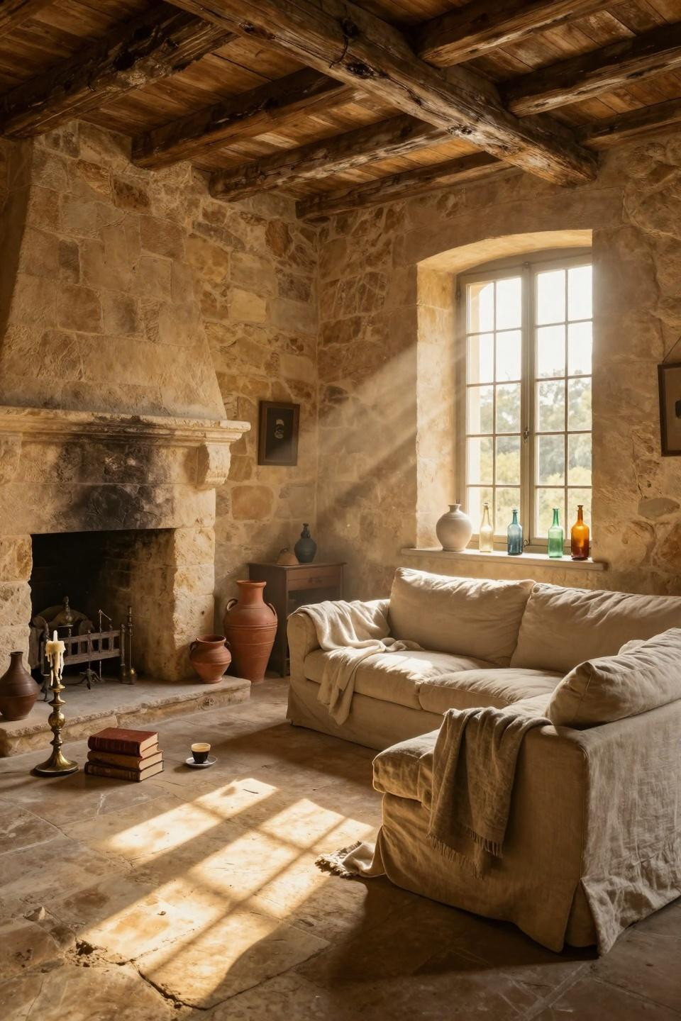 farmhouse fireplace decor with limestone and brass accents