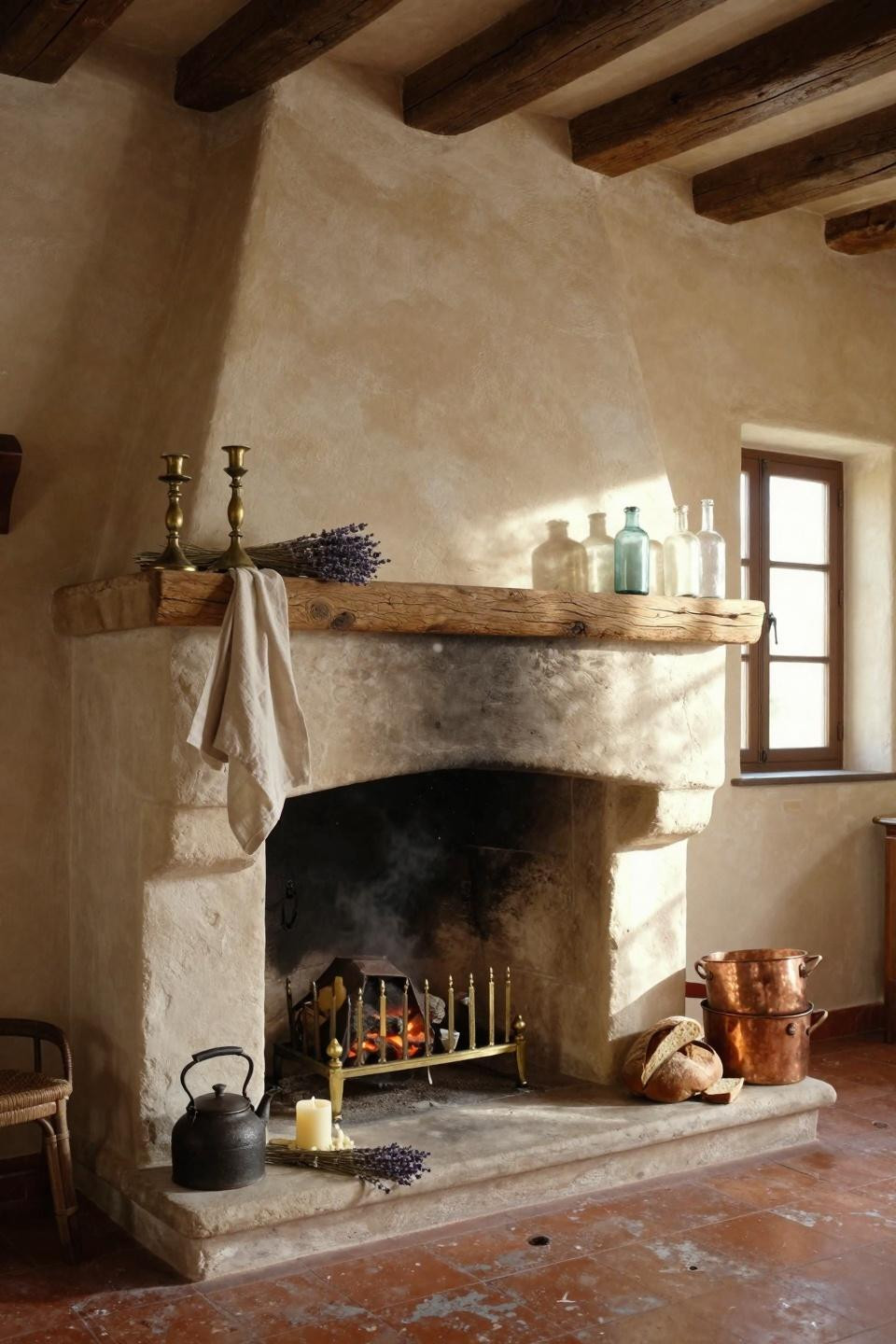 farmhouse fireplace decor in kitchen with copper pots and iron crane
