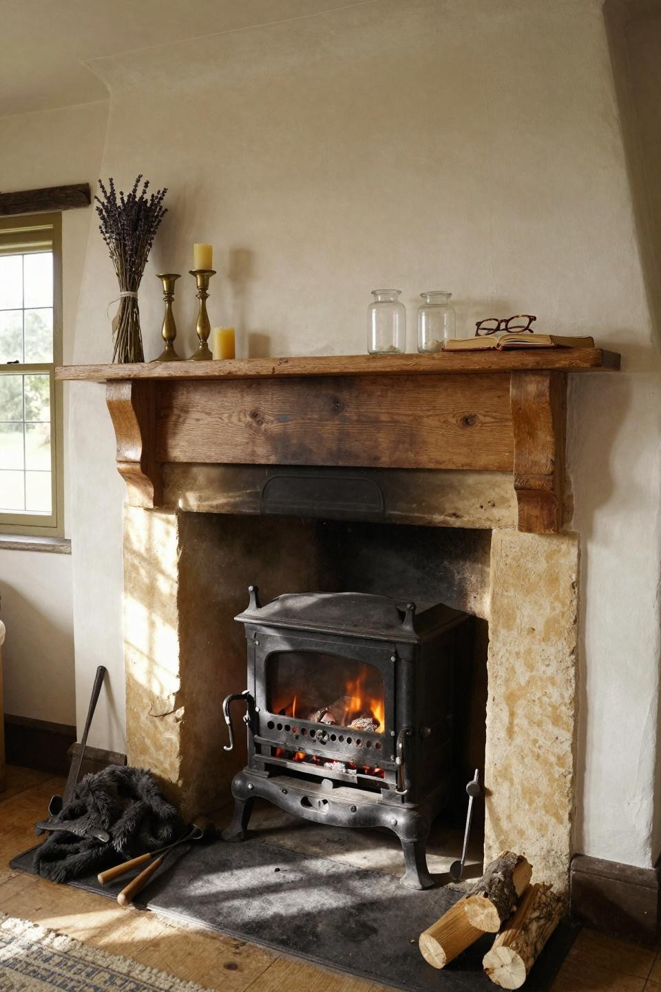 farmhouse fireplace decor hearth display with asymmetric styling
