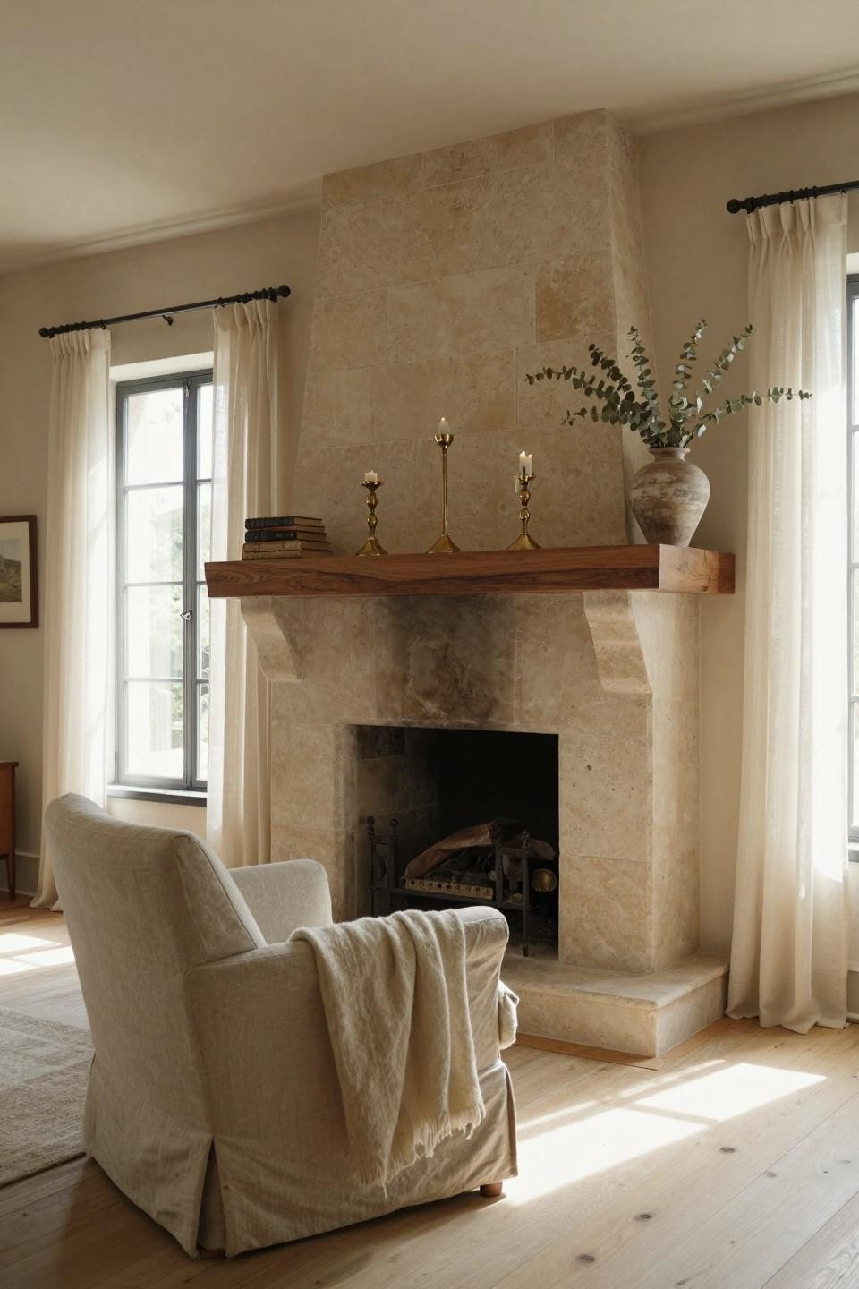 farmhouse fireplace decor with floating walnut mantel and brass details