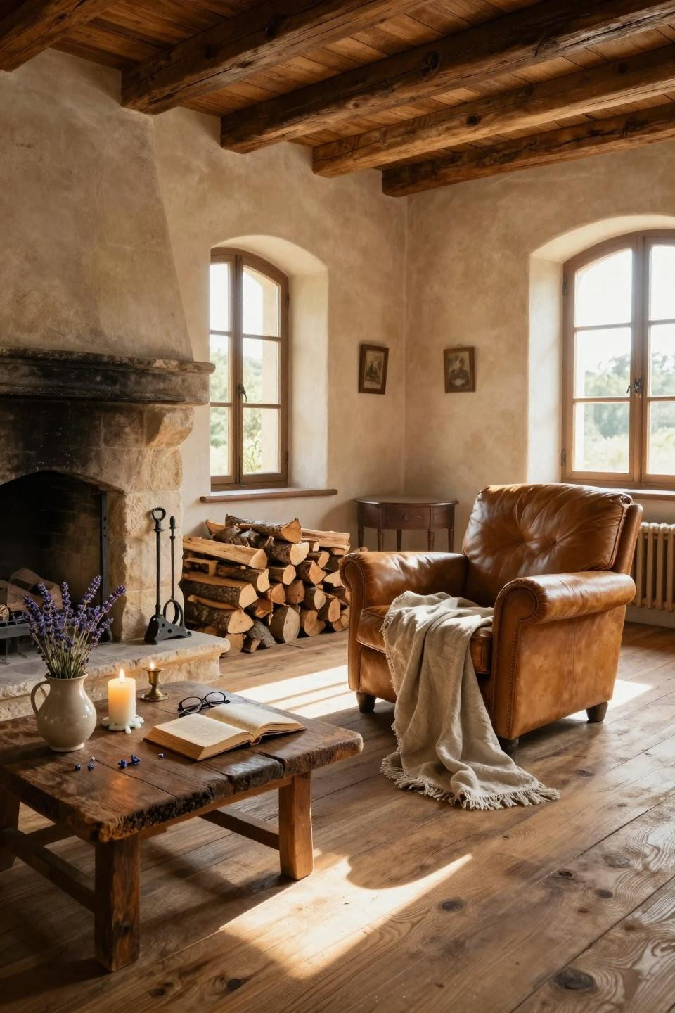 farmhouse fireplace decor with layered textures and vintage details