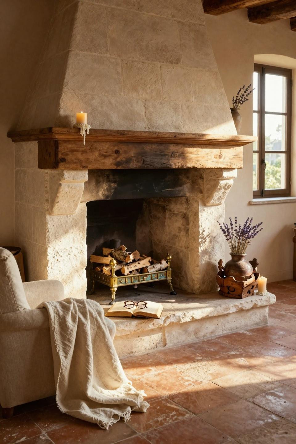 farmhouse fireplace decor styled hearth with books and candles
