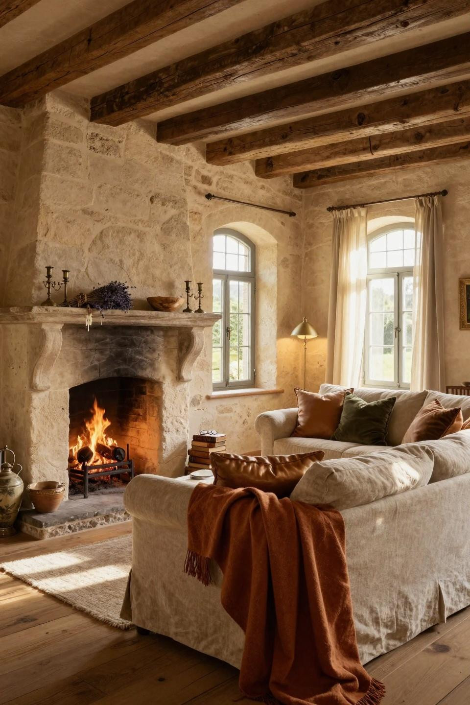 farmhouse fireplace decor with linen sofa and leather accents