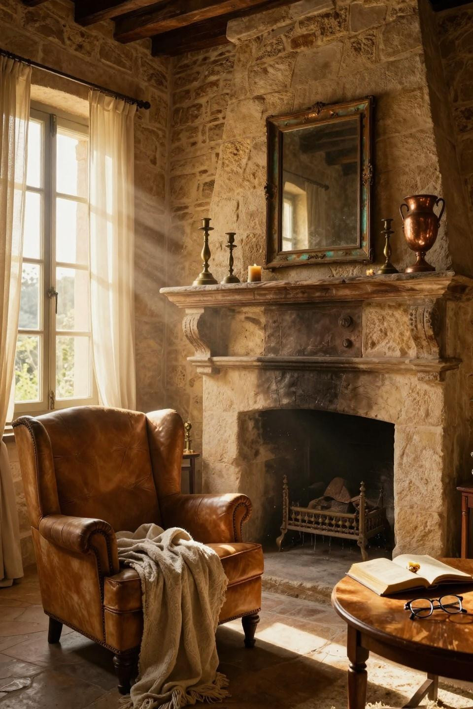 farmhouse fireplace decor with aged brass and bronze mirror