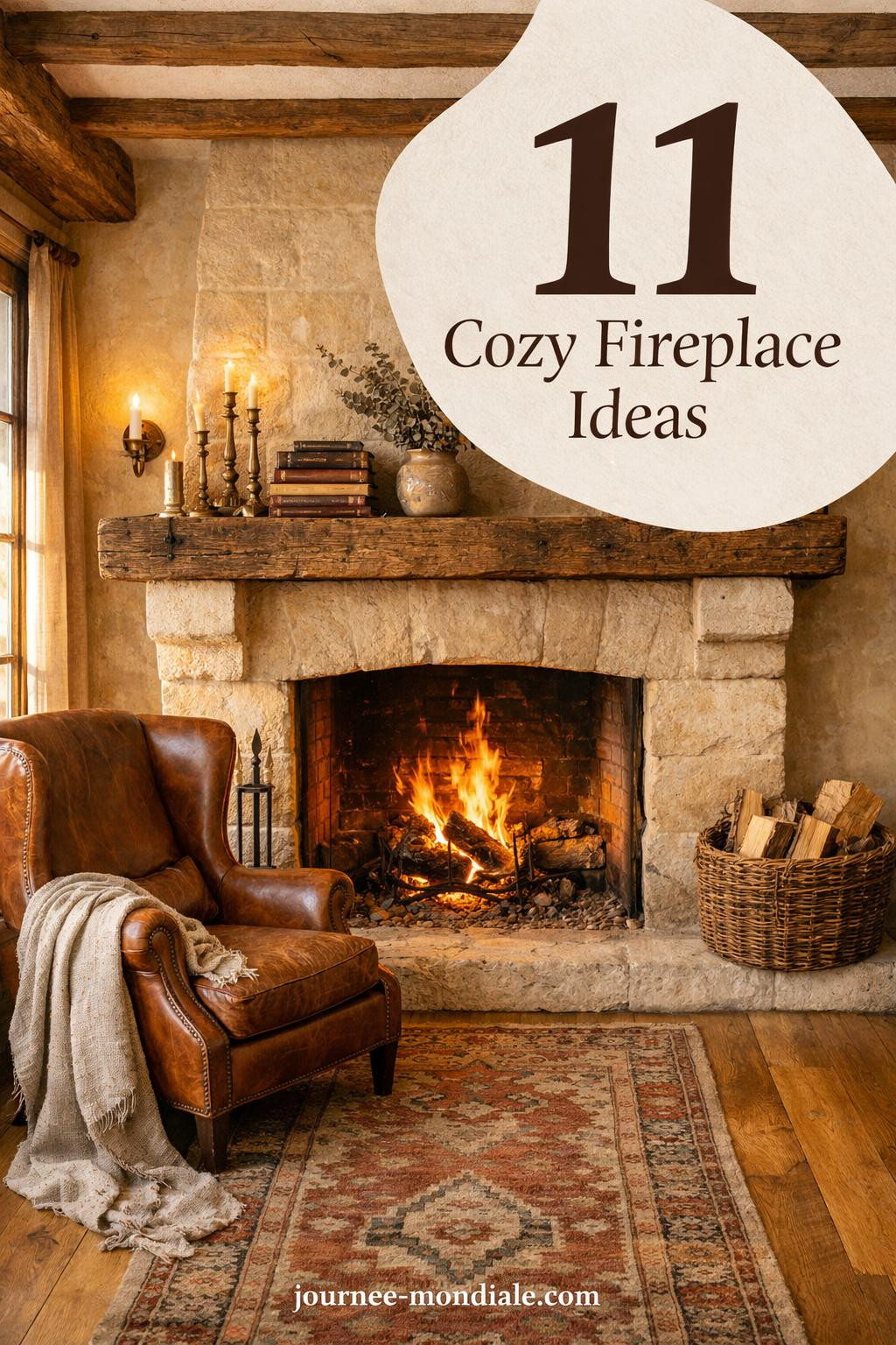 Cozy farmhouse living room featuring stone fireplace hearth with vintage decor, wooden mantel, and cottage-style accents