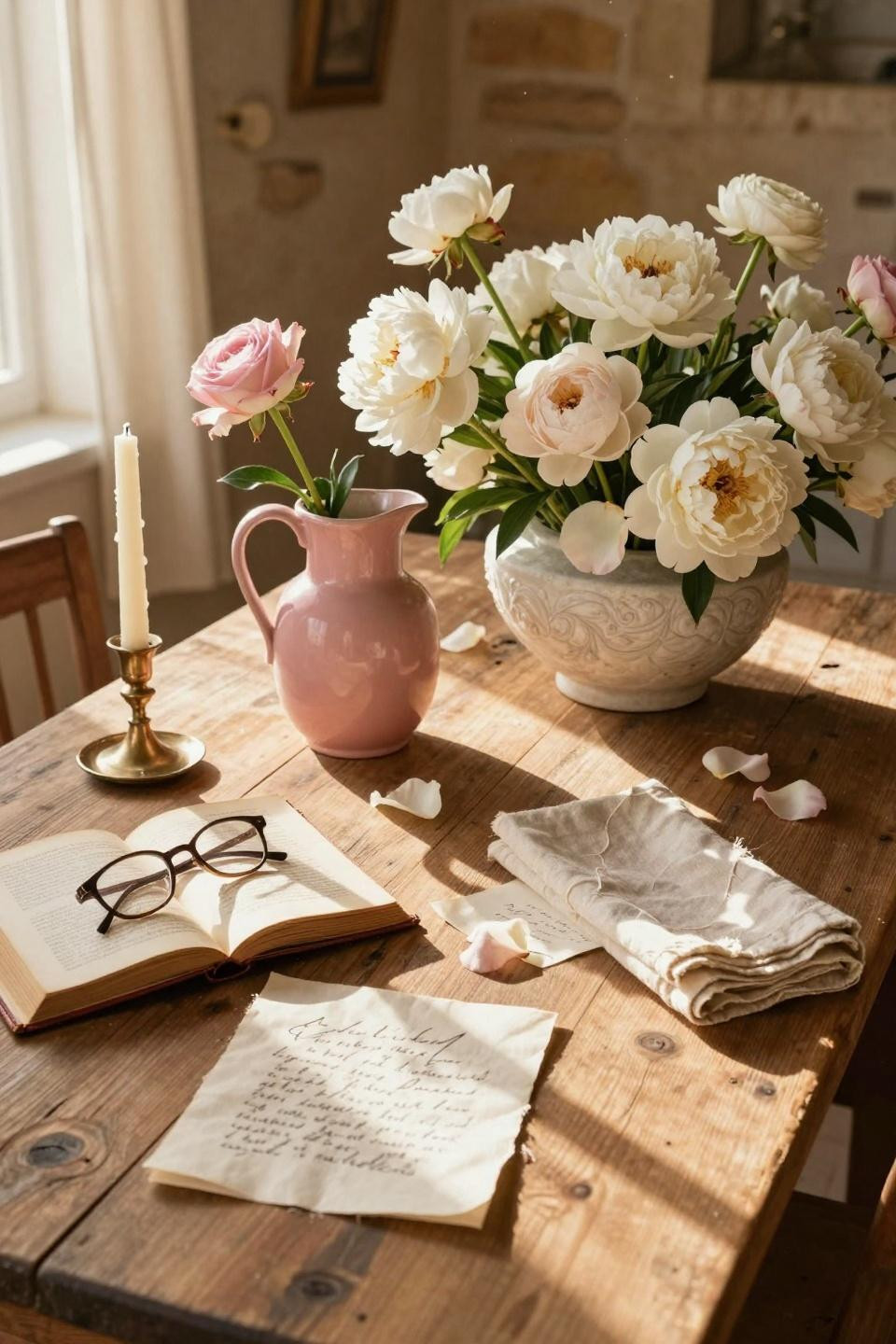 Valentines Day Decorations - oak table with white peonies and linen napkins