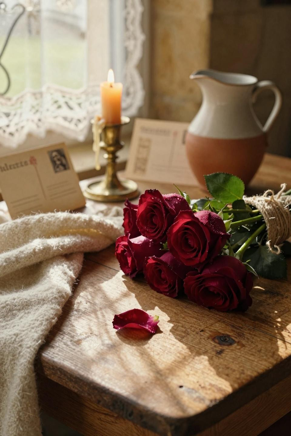 Valentines Day Decorations - oak table with burgundy roses and candles