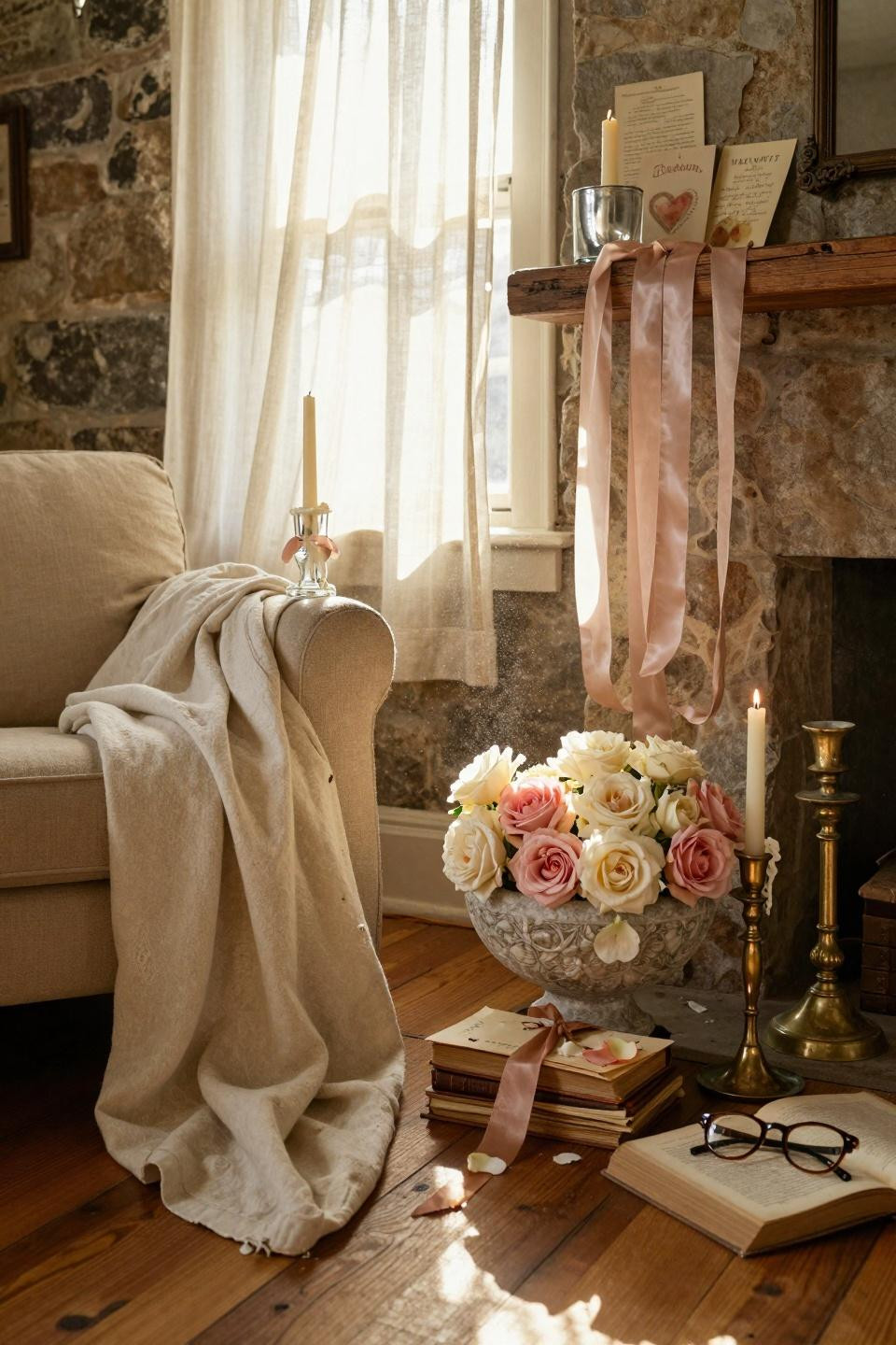 Valentines Day Decorations - farmhouse mantel with vintage cards and candles