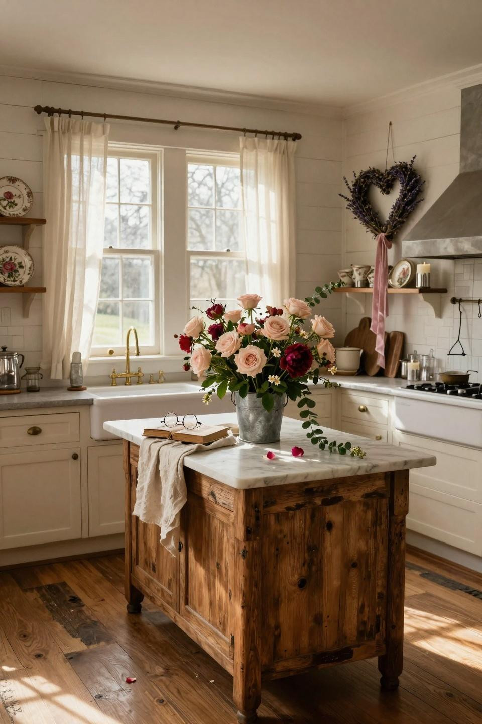 Valentines decorations for home on kitchen island