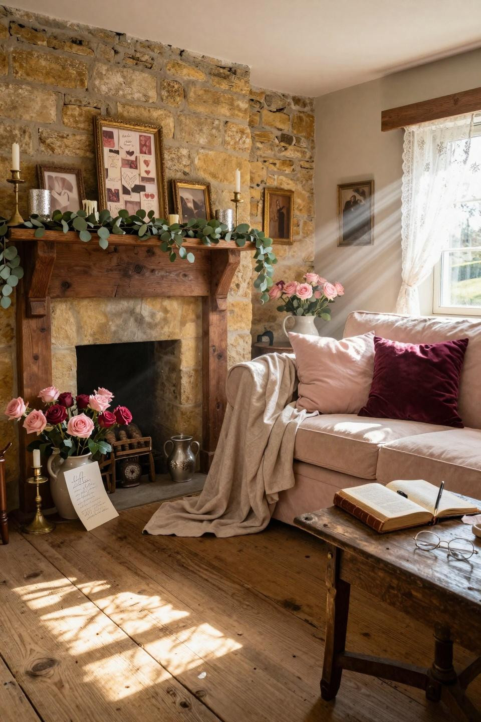 Valentines Day Decorations - reclaimed wood mantel with roses and vintage postcards