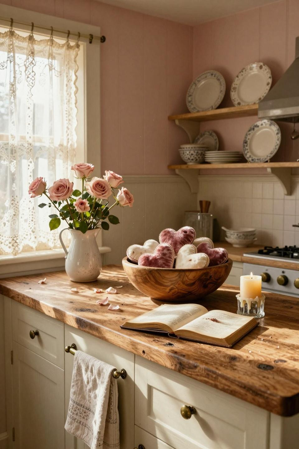 Valentines decorations for home in cream kitchen