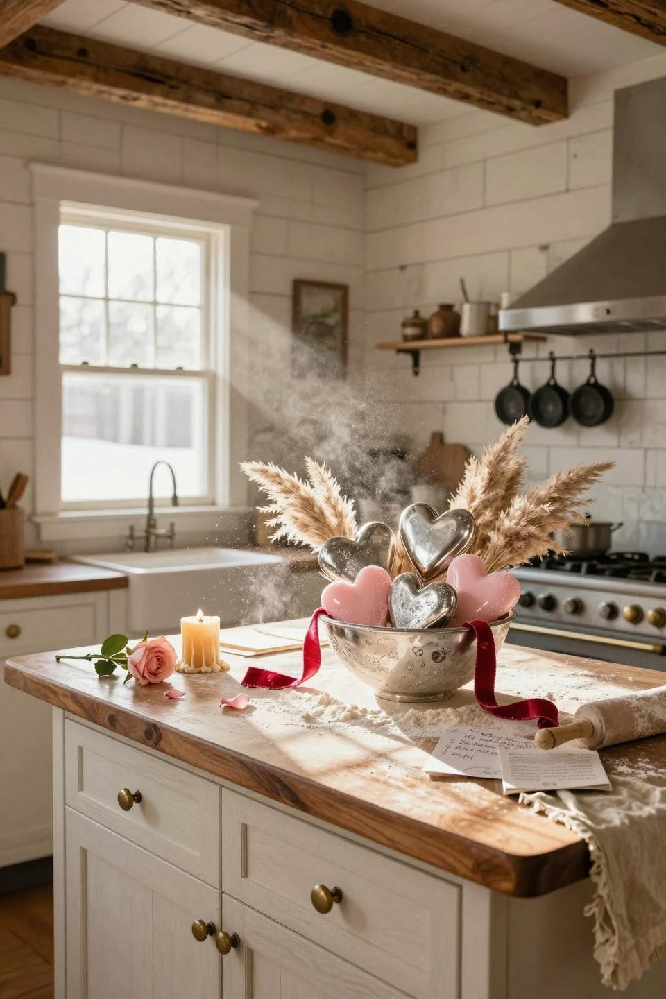 Valentines decorations for home on kitchen island