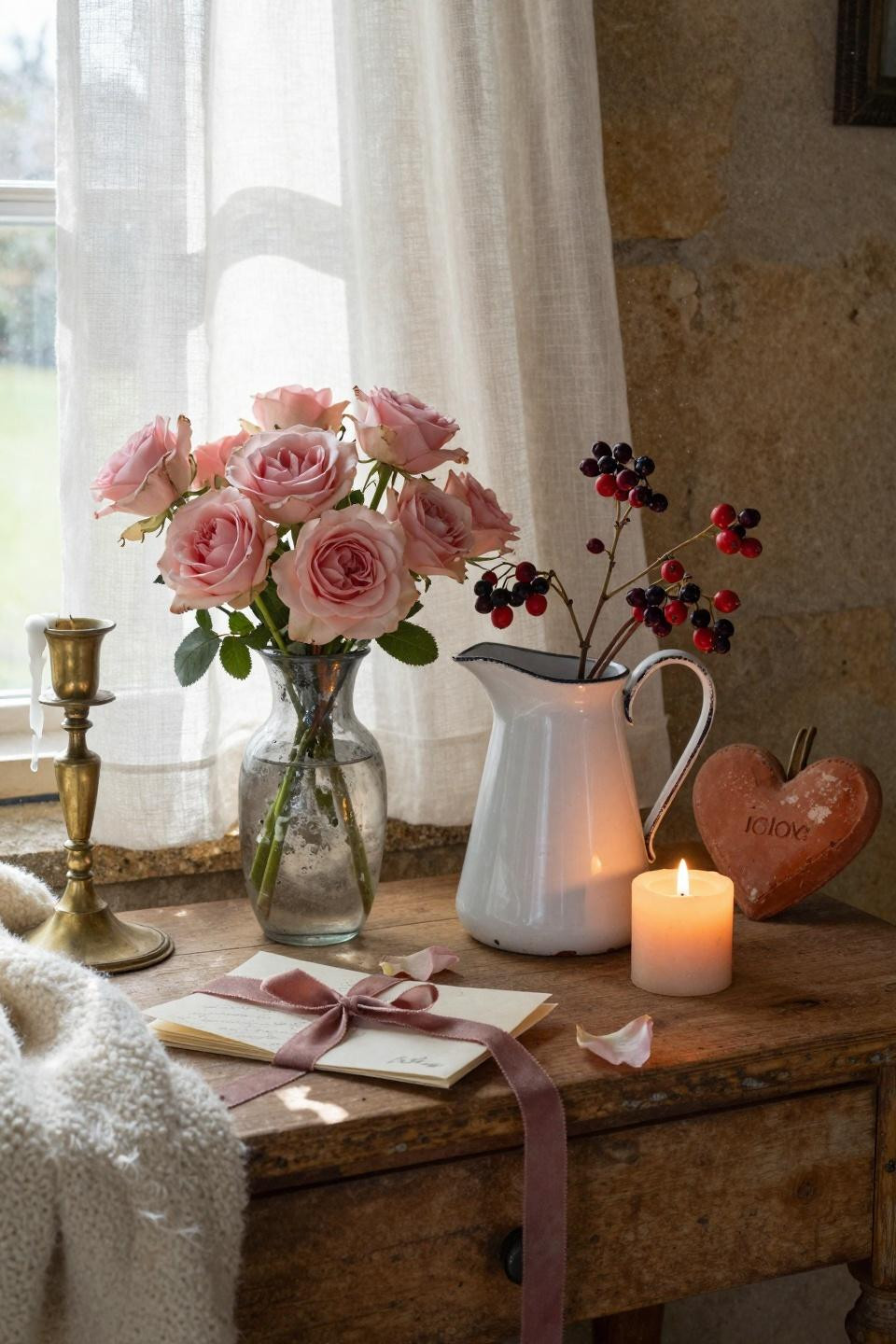 Valentines decorations for home featuring farmhouse style console