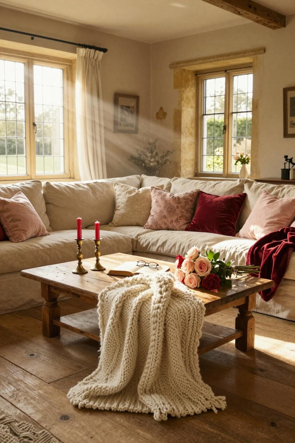 Valentines Day Decorations - cozy sofa with textured throws and roses