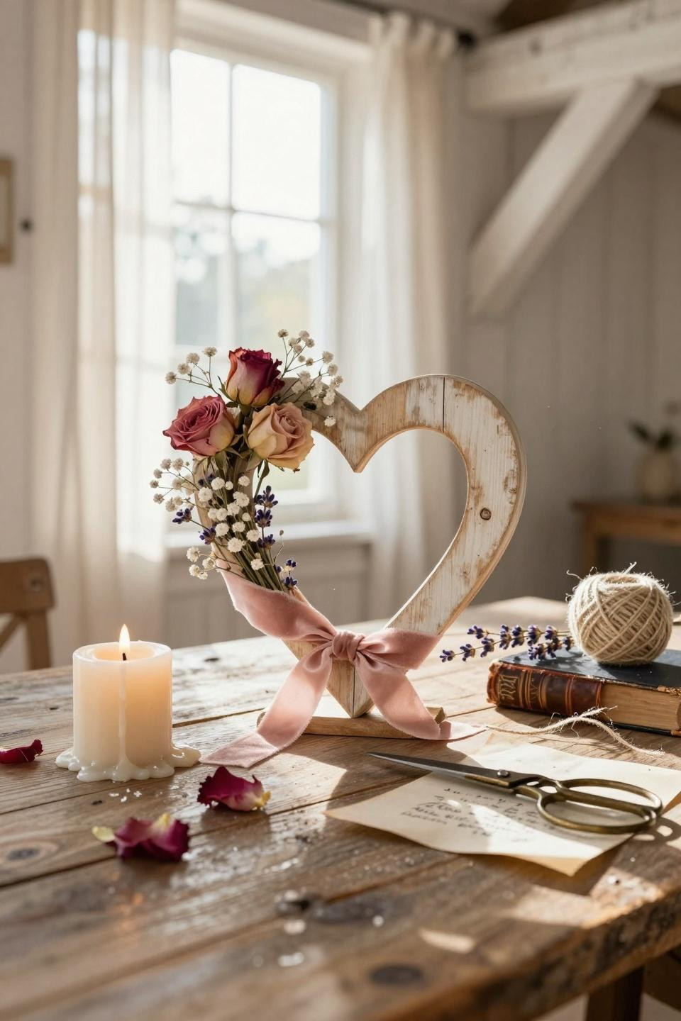 Valentines Day Decorations - handmade wooden heart wreath on farmhouse table