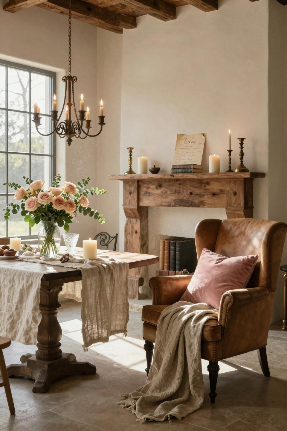 Valentines Day Decorations - stone manor living room with candelabra and roses