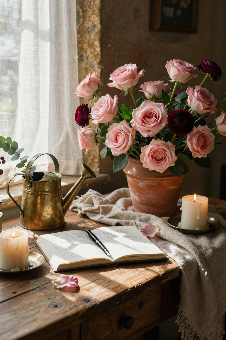 Valentines Day Decorations - blush roses in terracotta pot with vintage items