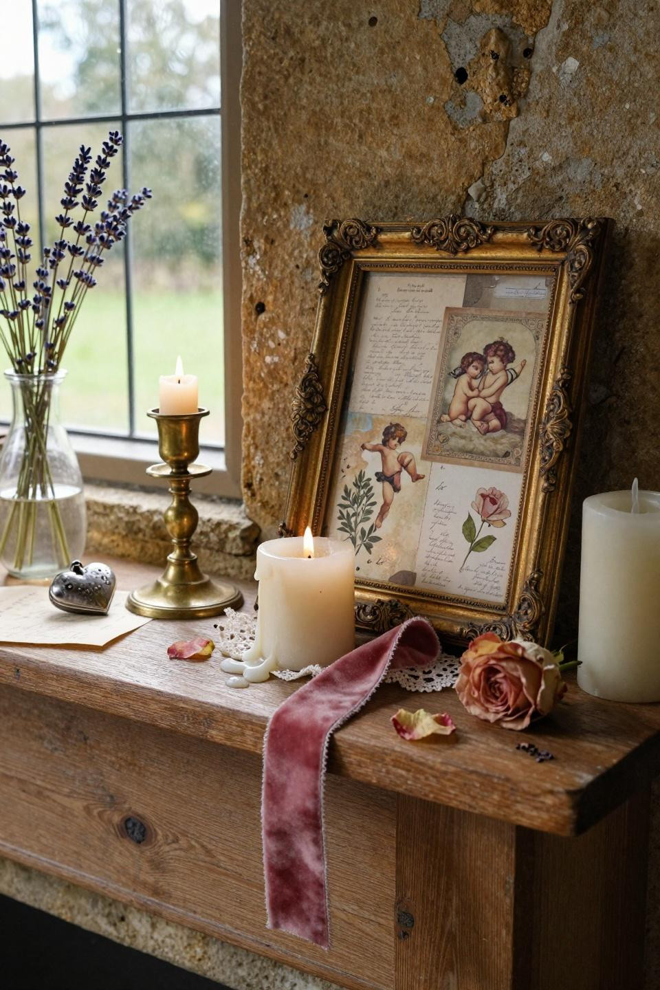 Valentines Day Decorations - vintage postcards in gilded frame on mantel