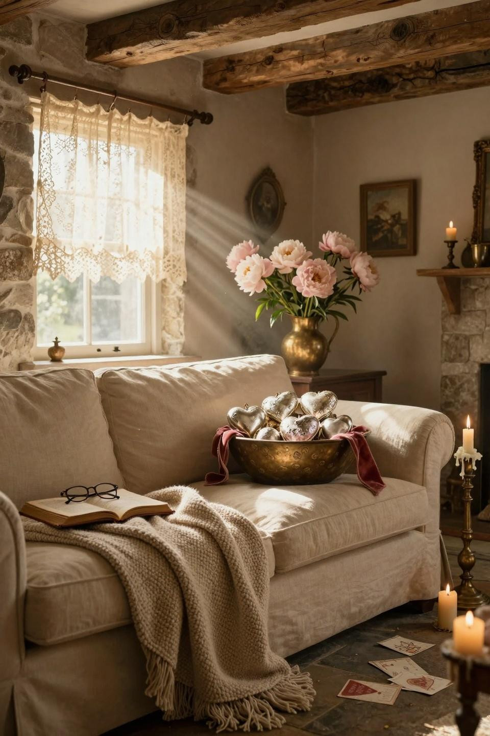 Valentines Day Decorations - farmhouse sofa with throw and heart ornaments