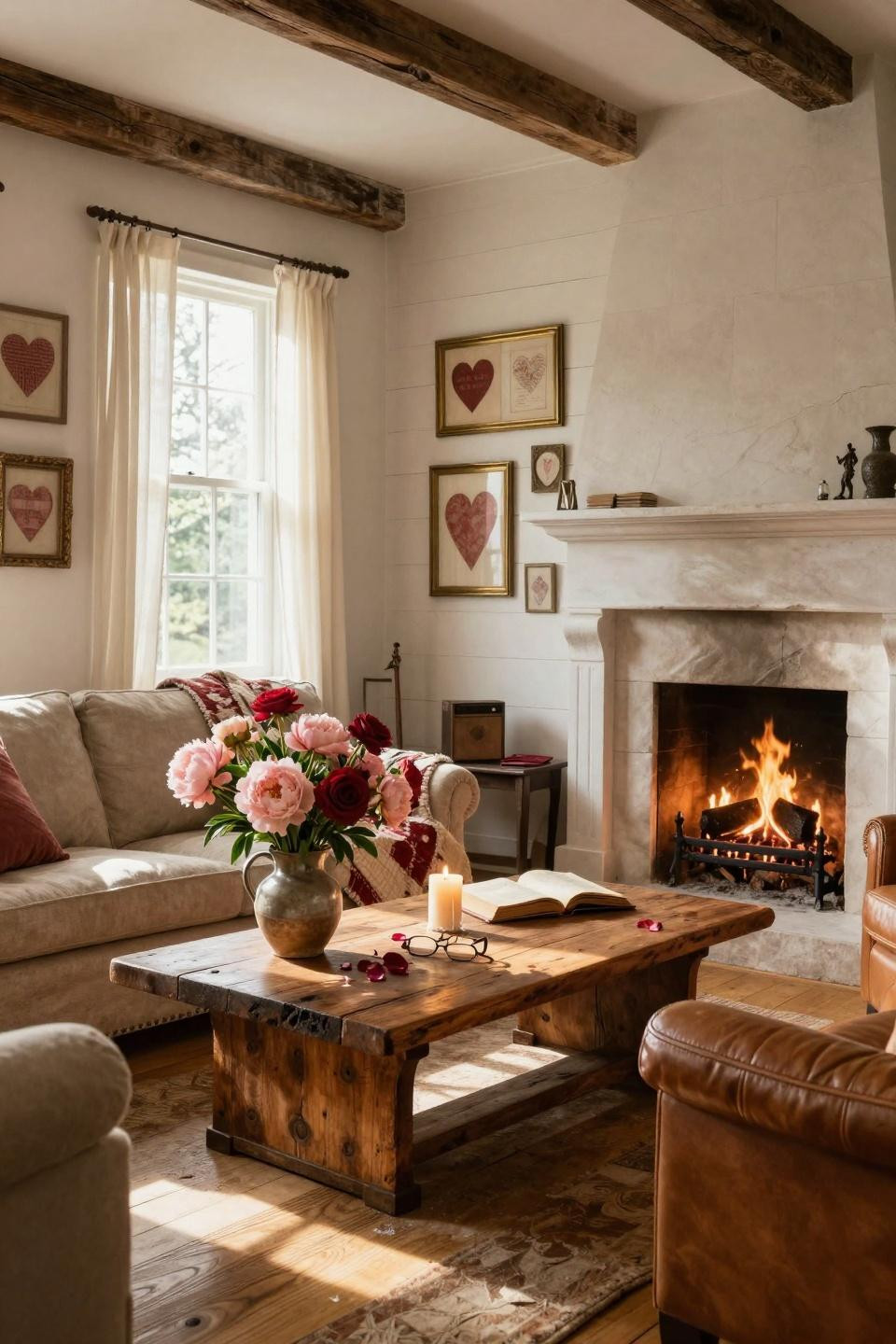 Valentines Day Decorations - Vermont cottage room with limestone fireplace and roses