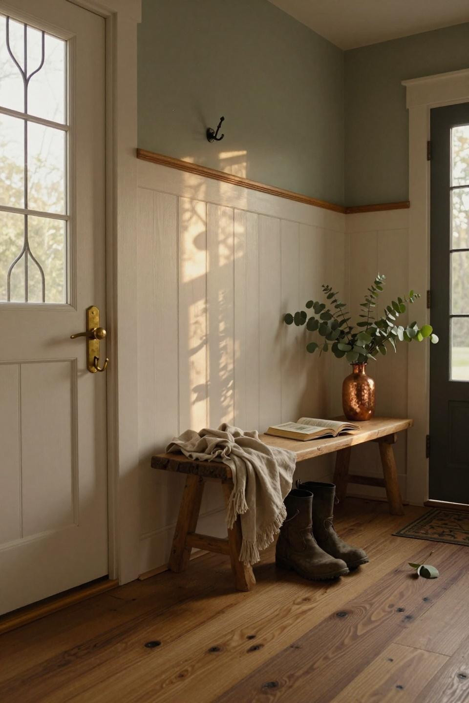 farmhouse wainscoting ideas - creamy raised panels with oak cap rail