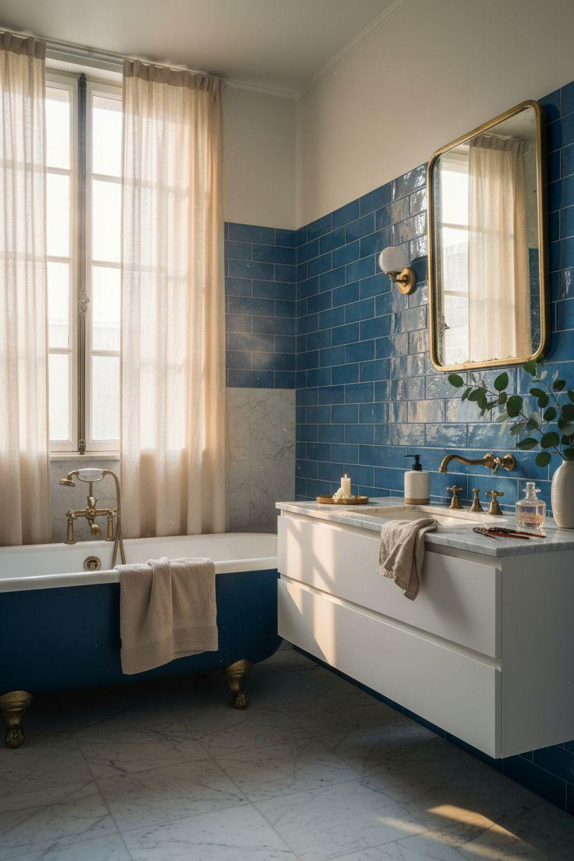 blue bathroom with French blue ceramic tiles and marble accents