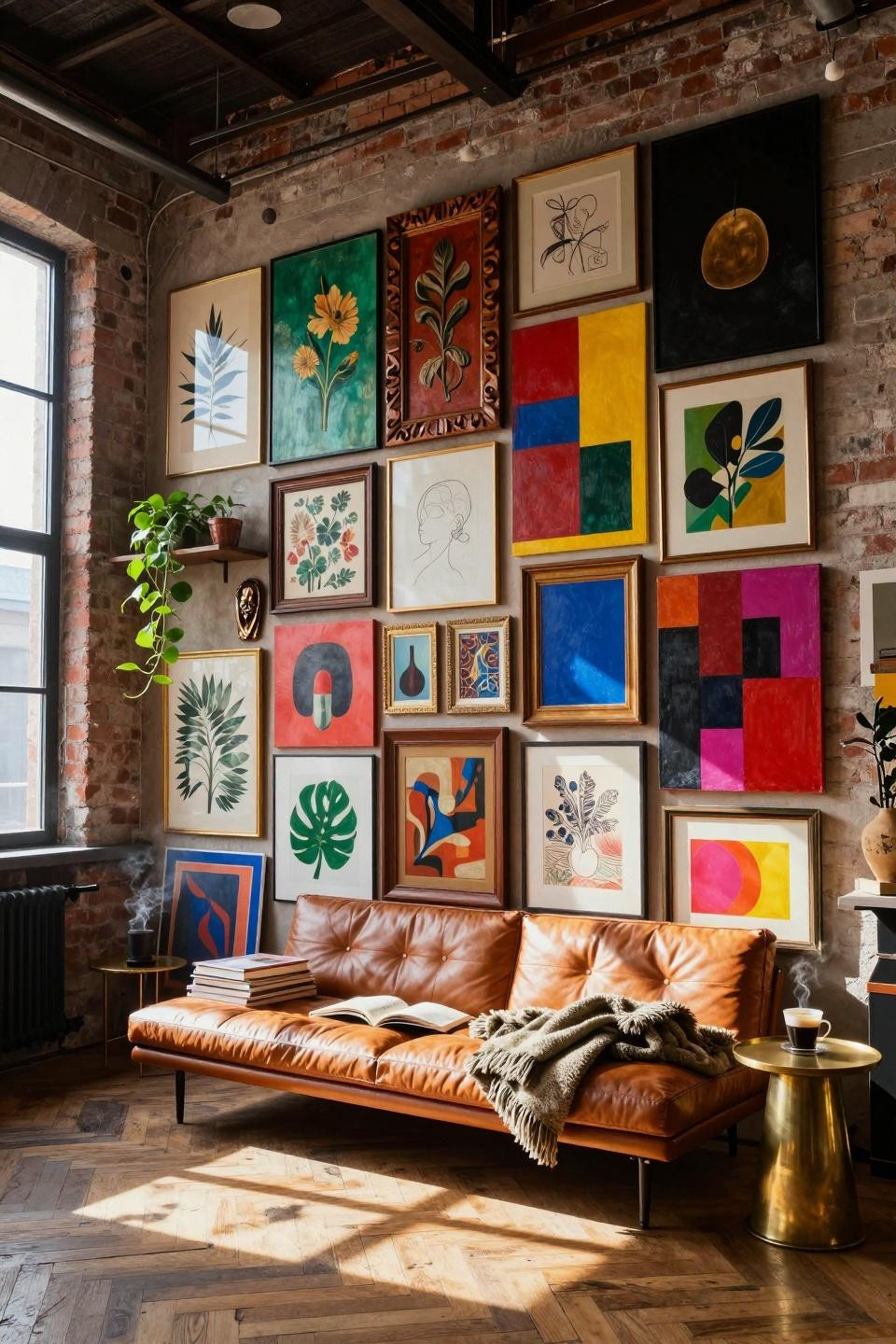 funky gallery wall in loft space with high ceilings