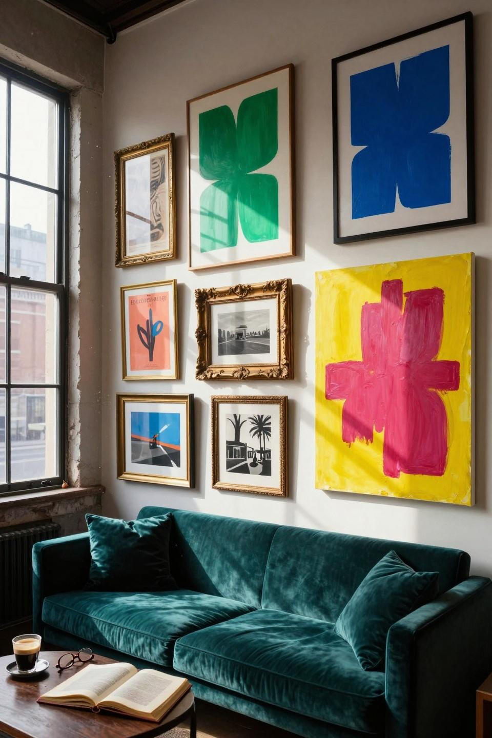 funky gallery wall with jewel tone colors against white wall