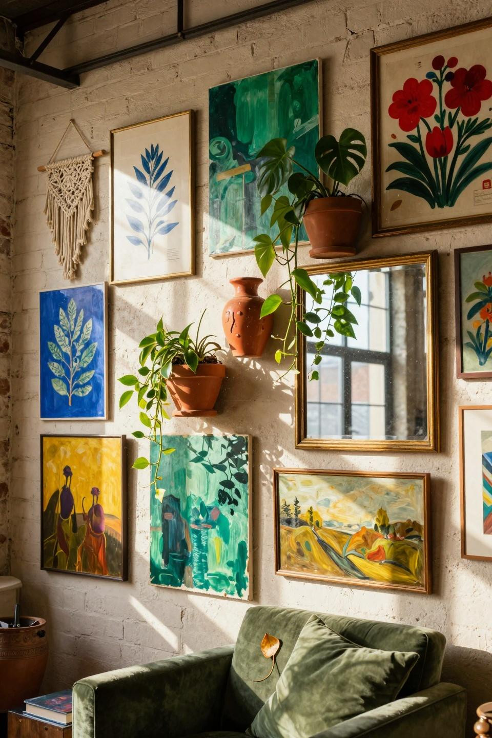 funky gallery wall with ceramic elements and plants