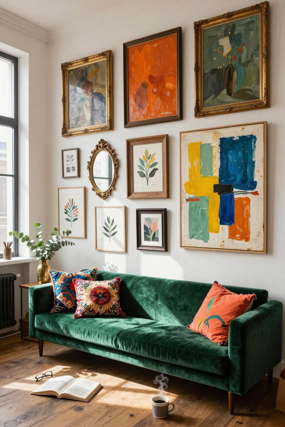 funky gallery wall with seating area below