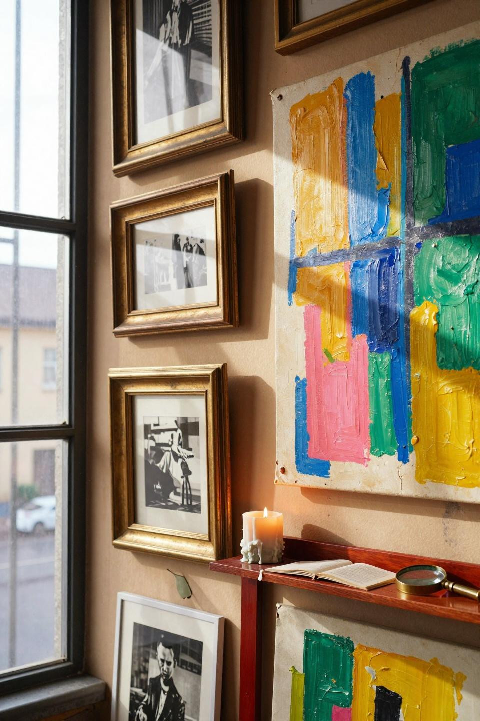 funky gallery wall in industrial loft space