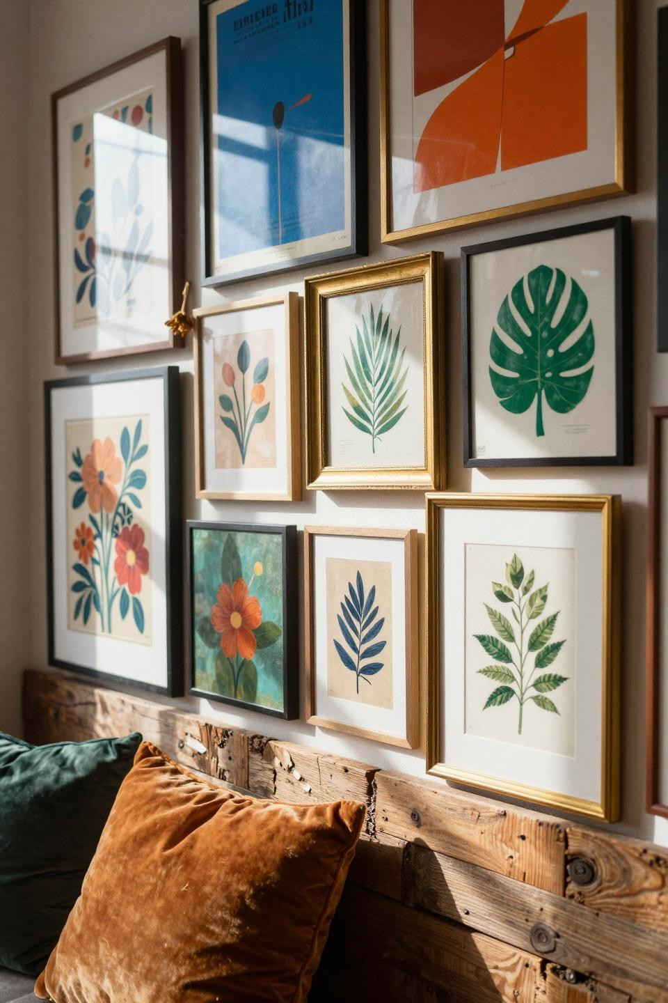 funky gallery wall with vibrant colors and mixed frames