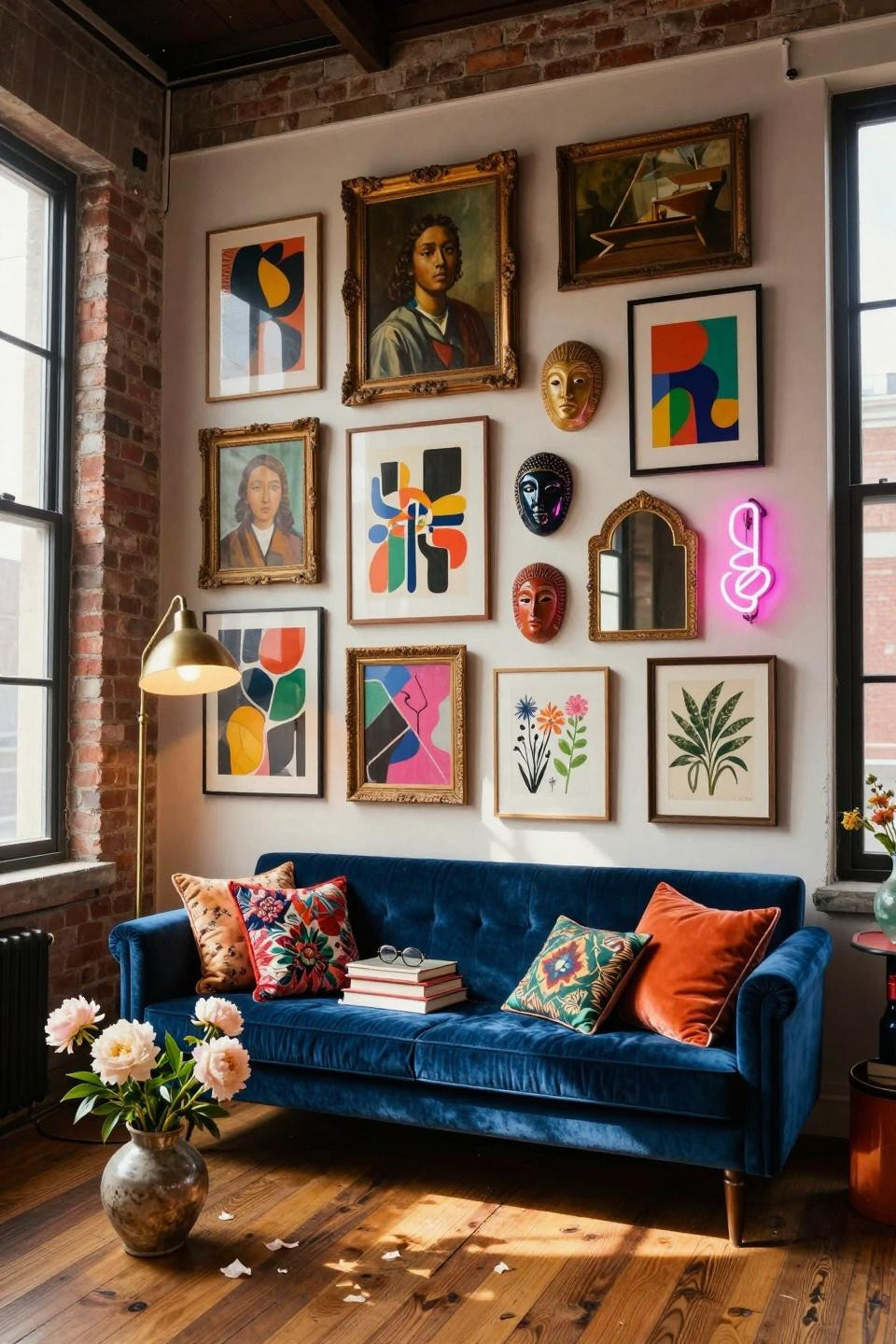 funky gallery wall above living room sofa