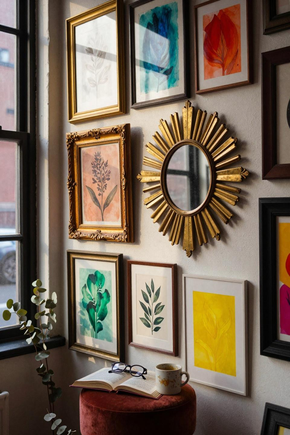funky gallery wall with thrifted and vintage finds