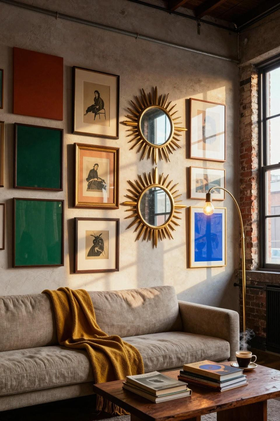 funky gallery wall with warm terracotta and earth tone colors