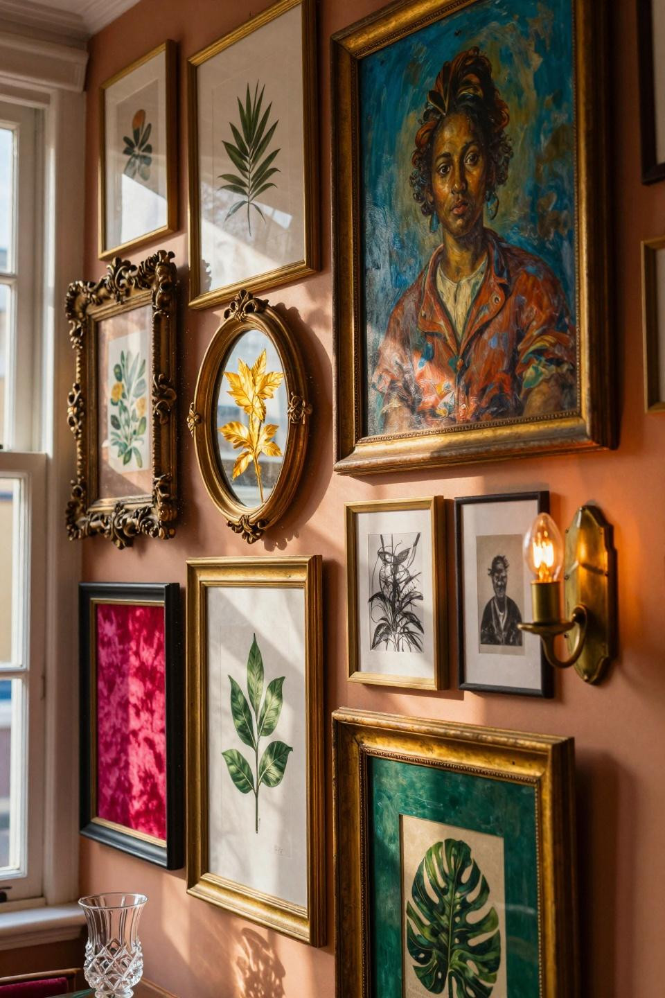 funky gallery wall with ornate gilded frames
