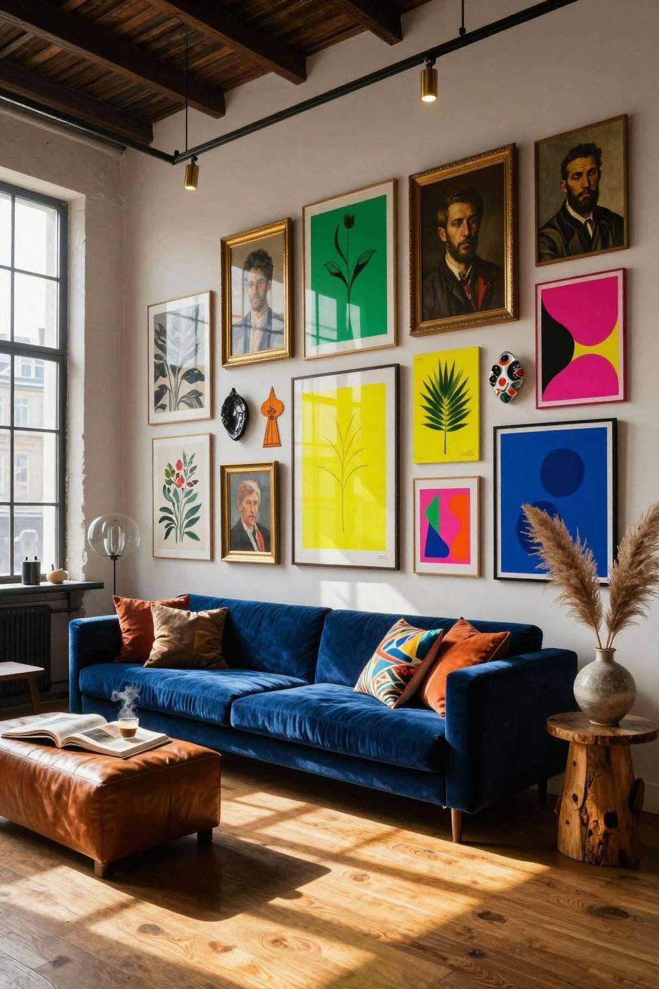 funky gallery wall with multiple patterns and colors