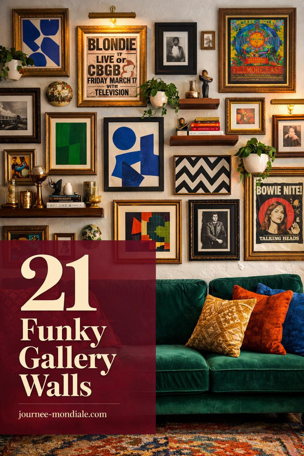 Vibrant gallery wall featuring eclectic mix of colorful frames, thrifted artwork, maximalist prints, and funky wall decor